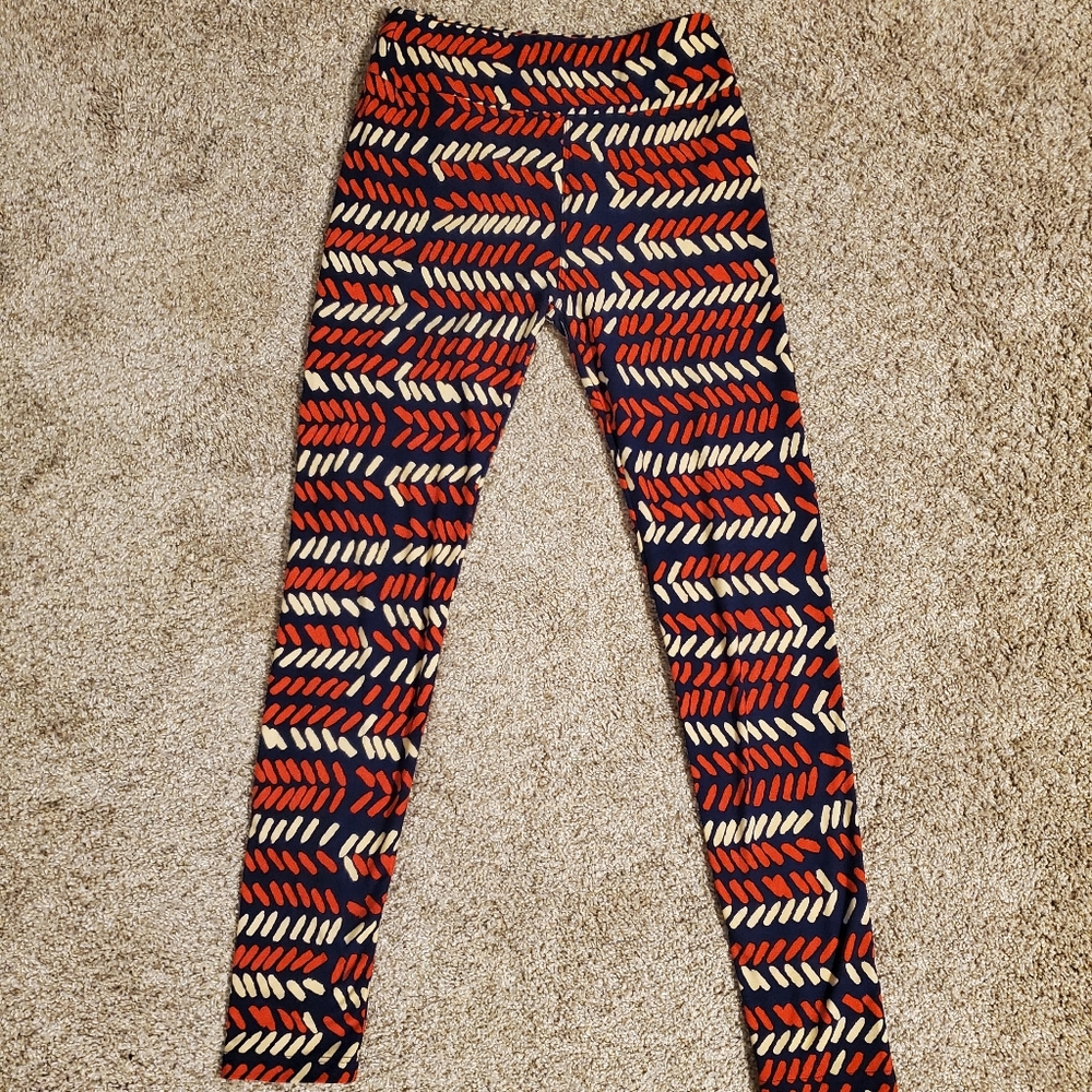 OS LuluRoe Leggings Navy Blue w/ Red & Off White